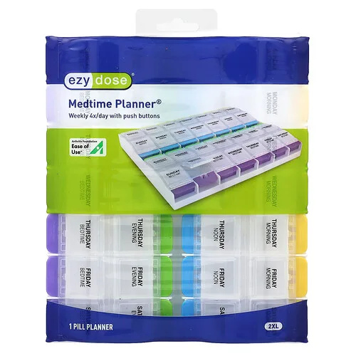 Ezy Dose, Medtime Planner semanal 4 veces por día con botones a presión, 2 XL, 1 unidad