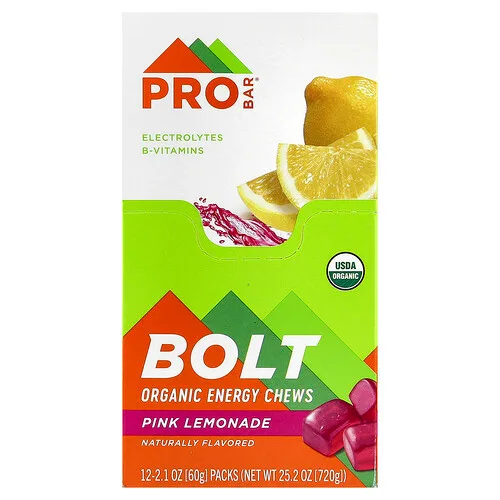 ProBar, Bolt, Masticables energéticos orgánicos, Limonada rosa, 12 paquetes, 60 g (2,1 oz) cada uno