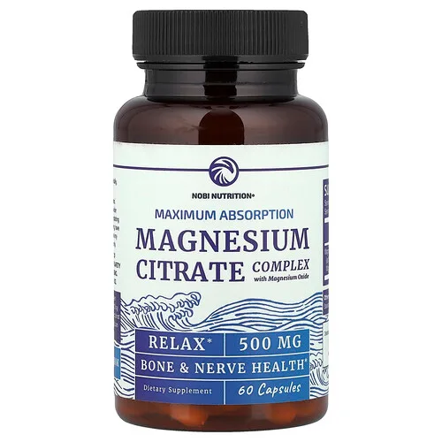 Nobi Nutrition, Complejo de citrato de magnesio con óxido de magnesio, Máxima absorción, 500 mg, 60 cápsulas