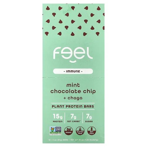 The Feel Bar, Immune, Barritas de proteína vegetal, Menta, Chips de chocolate y chaga, 10 barritas, 57 g (2 oz) cada una