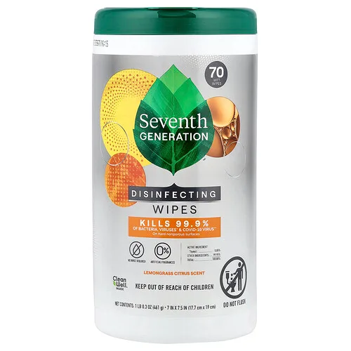 Seventh Generation, Toallitas desinfectantes, Limoncillo y cítricos, 70 toallitas húmedas, 461 g (1 lb 0,3 oz)