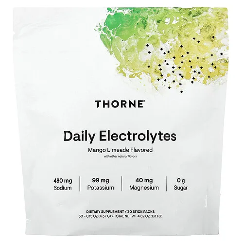 Thorne, Electrolitos diarios, Limada de mango, 30 sobrecitos, 4,37 g (0,15 oz) cada uno