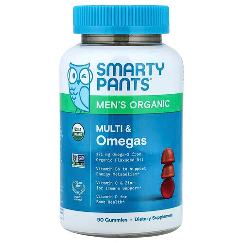 SmartyPants, Gomitas multivitamínicas y con omega orgánicas para hombres, Frambuesa, naranja y cereza, 90 gomitas