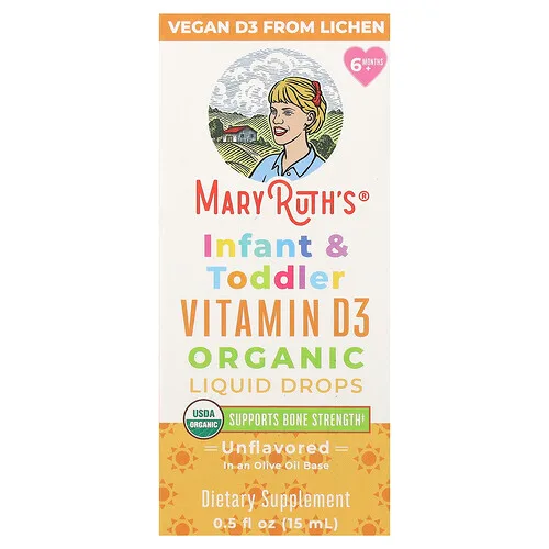 MaryRuth's, Gotas líquidas de vitamina D3 orgánica para bebés y niños pequeños, 6 meses en adelante, Sin sabor, 15 ml (0,5 oz. líq.)