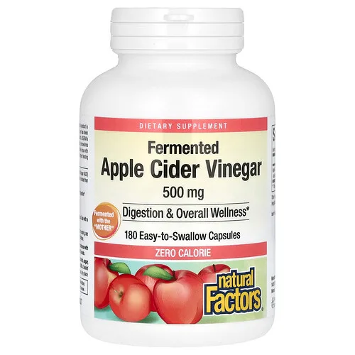 Natural Factors, Vinagre de sidra de manzana fermentado, 500 mg, 180 cápsulas fáciles de ingerir
