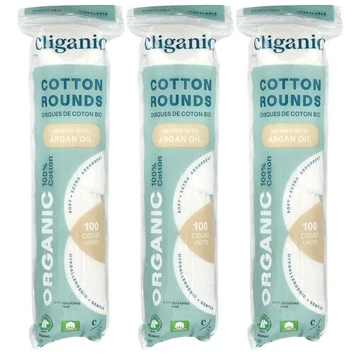 Cliganic, Rollos de algodón orgánico enriquecidos con aceite de argán, 3 paquetes (100 rollos de algodón) cada uno